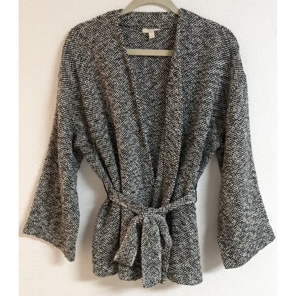 Eileen Fisher Handwoven Peruvian Organic Cotton Black/White Belted Jacket M - Picture 4 of 12